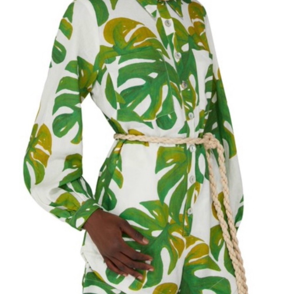FARM Rio White Monstera Romper with Green & Yellow Leaf Print